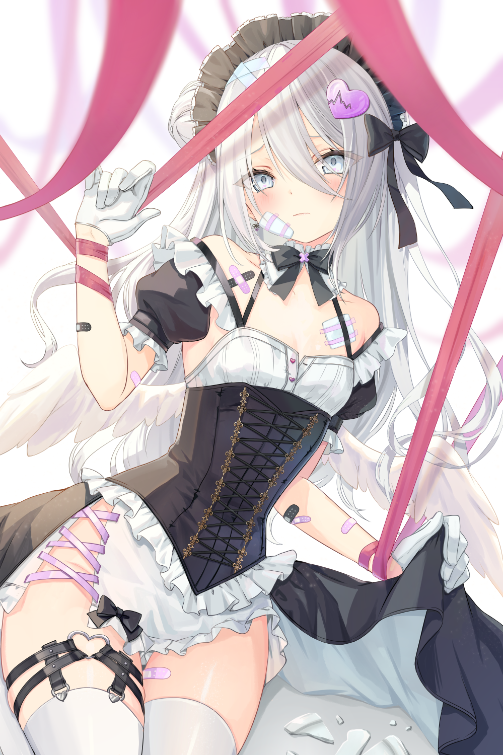 1girl bandaid bandaid_on_arm bandaid_on_chest black_bow black_bowtie blush bodice bow bowtie broken_plate cowboy_shot cross-laced_clothes frilled_hairband frills gauze gauze_on_chest gauze_on_face gloves grey_eyes grey_hair hair_bow hair_ornament hairband heart heart_hair_ornament heart_o-ring highres long_hair looking_at_viewer lying maid maid_headdress o-ring o-ring_thigh_strap on_back original plate puffy_short_sleeves puffy_sleeves short_sleeves snowdrop_(vane) solo thigh_strap thighhighs tina_oekaki white_gloves white_thighhighs white_wings wings