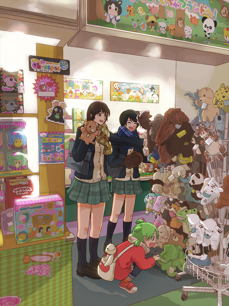 3girls ayase_fuuka bag black_eyes black_hair blue_scarf buttons closed_eyes coat commentary_request denim duralumin gennoco green_hair green_skirt green_theme handbag happy hiwatari holding indoors jeans kneehighs koiwai_yotsuba multiple_girls open_mouth package pants plaid_clothes plaid_scarf plaid_skirt quad_tails scarf shimau shop shopping short_hair shoulder_bag skirt slice_of_life smile socks squatting standing stuffed_animal stuffed_frog stuffed_giraffe stuffed_toy teddy_bear toy yotsubato!