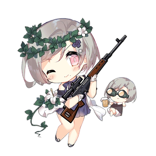2girls :&gt; =_= bare_legs bare_shoulders beer_mug black_shoes blue_dress blue_flower blue_ribbon blush blush_stickers brown_dress chibi closed_mouth crossed_legs crosshair_pupils cup dragunov_svd dress dress_flower fairy_(girls&#039;_frontline) flower flower_request footwear_flower full_body girls&#039;_frontline gloves goggles grey_hair gun hair_flower hair_ornament hand_on_own_cheek hand_on_own_face head_wreath holding holding_cup holding_gun holding_weapon looking_at_viewer mole mole_under_mouth mug multiple_girls neck_ribbon off-shoulder_dress off_shoulder official_art one_eye_closed pink_eyes ribbon rifle saru scope shoes short_hair simple_background slit_pupils sniper_fairy_(girls&#039;_frontline) sniper_rifle third-party_source transparent_background weapon white_flower white_gloves