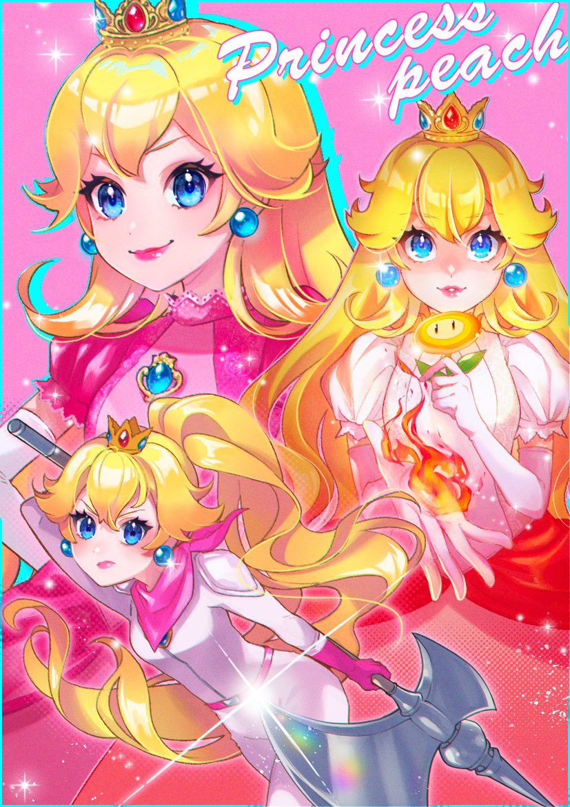 1girl axe blonde_hair blue_eyes bodysuit breasts crown dress earrings fire fire_flower fire_peach gloves grin hand_on_own_hip jewelry lipstick long_hair looking_at_viewer makeup mario_(series) nintendo pink_dress power-up princess_peach scarf serious small_breasts smile the_super_mario_bros._movie weapon