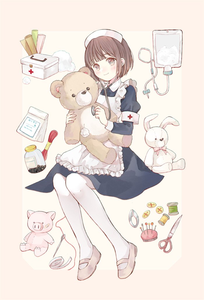 1girl apron bag blue_dress blue_eyes blush bottle brown_hair buttons closed_mouth collared_dress commentary_request cotton_swab cross dress first_aid_kit frilled_apron frills full_body hat holding holding_stuffed_toy intravenous_drip invisible_chair juliet_sleeves long_sleeves maid_apron mary_janes needle nurse nurse_cap orange_shoes original pantyhose paper_bag pin puffy_sleeves red_cross scissors sewing_needle shoes short_hair sidelocks sitting smile solo stethoscope stuffed_animal stuffed_pig stuffed_rabbit stuffed_toy teddy_bear tententuyu white_apron white_pantyhose