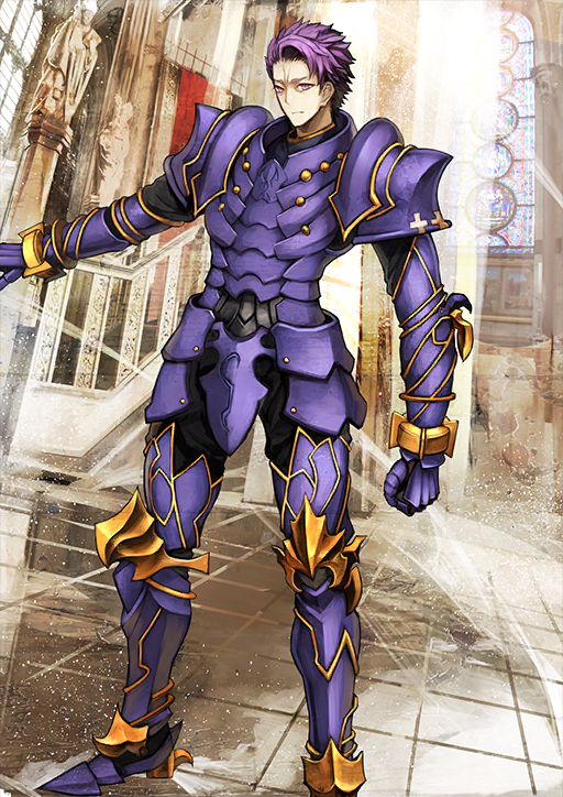 1boy arm_at_side armor armored_boots armored_gloves black_pants boots breastplate closed_mouth dutch_angle fate/grand_order fate_(series) faulds foot_out_of_frame lancelot_(fate/grand_order) legs_apart long_sleeves looking_at_viewer male_focus official_art outstretched_arm pants pauldrons purple_armor purple_eyes purple_hair shimadoriru short_hair shoulder_armor solo standing third-party_source variant_set