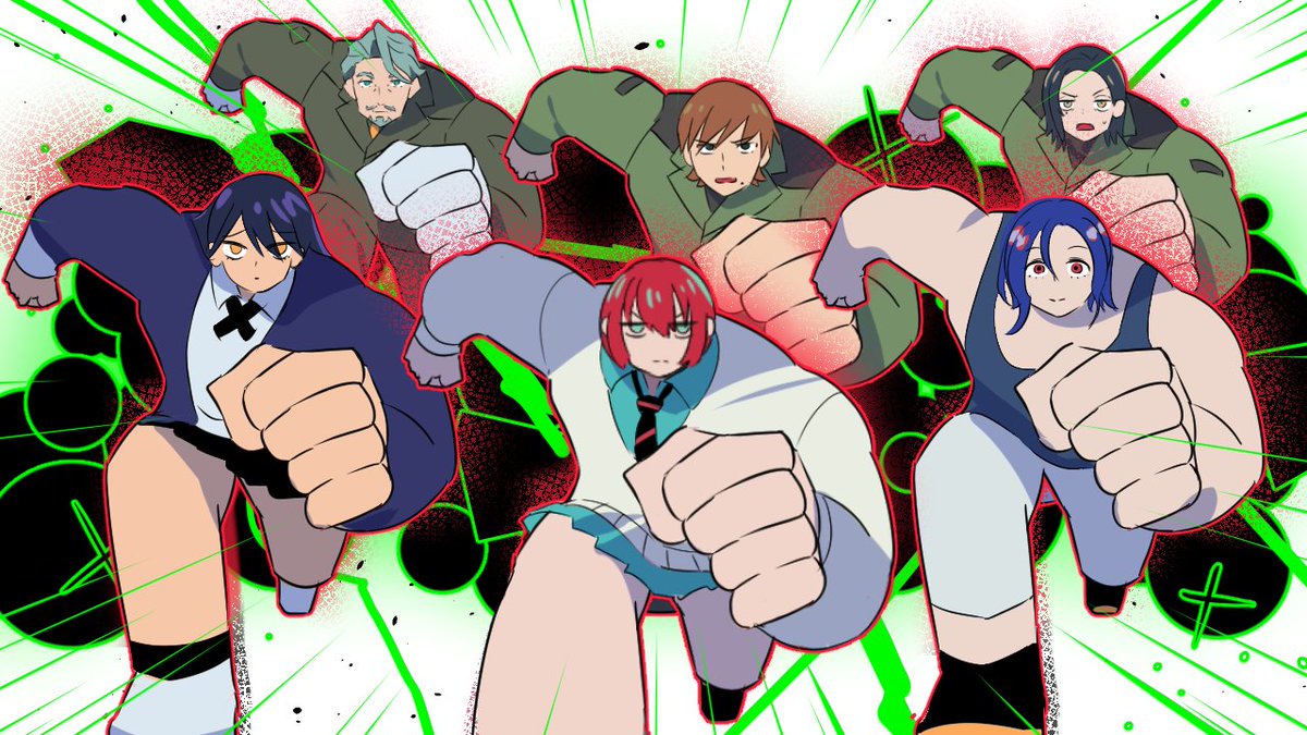 3boys 3girls amate_yuzuriha annoyed challia_bull clenched_hands comoli_harcourt gundam gundam_gquuuuuux jitome meme multiple_boys multiple_girls necktie nyaan_(gundam_gquuuuuux) parody purple_hair red_eyes running running_ganger_(meme) short_hair shuji_ito skirt tank_top xavier_olivette yakuoyoso
