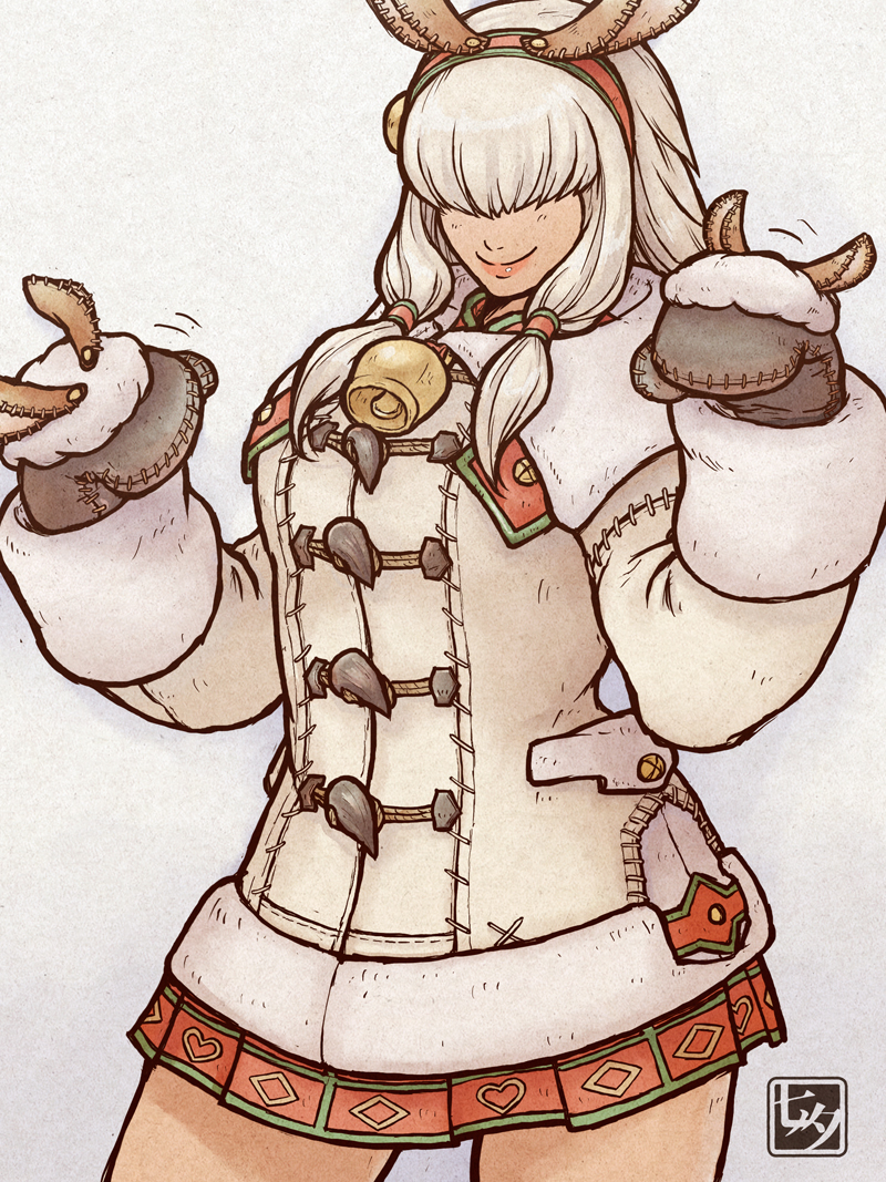 1girl animal_ear_hairband animal_ears bell black_mittens closed_mouth coat cowboy_shot fake_animal_ears fur-trimmed_coat fur-trimmed_sleeves fur_trim hair_over_eyes hair_tubes hairband hands_up legs_apart long_hair long_sleeves miniskirt mittens monster_hunter_(character) monster_hunter_(series) moofah_(armor) motion_lines pink_lips pleated_skirt red_hairband red_skirt skirt smile solo split_mouth standing tanabanata white_coat white_hair