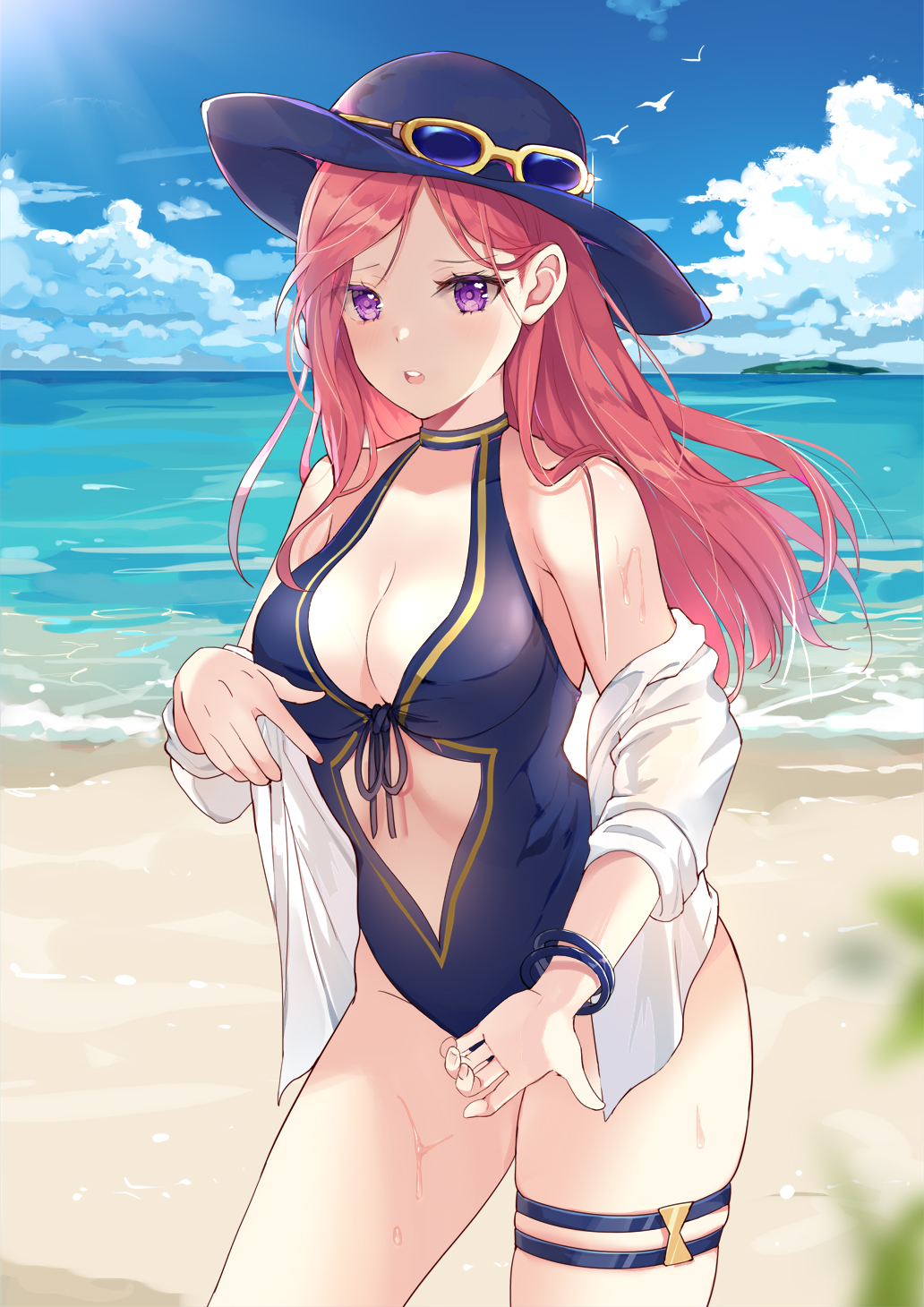 1girl :o bangle bare_shoulders beach black_hat blouse blue_one-piece_swimsuit blue_sky bracelet breasts caitlyn_(league_of_legends) center_opening cleavage cloud cowboy_shot day eyewear_on_headwear female_focus frown halterneck hat highres horizon hum_(ten_ten) jewelry large_breasts league_of_legends long_hair looking_at_viewer ocean off_shoulder one-piece_swimsuit open_clothes open_shirt outdoors parted_lips pink_hair pool_party_caitlyn purple_eyes shirt skindentation sky solo standing sun_hat sunglasses sunlight swimsuit thigh_strap thighs water wet white_shirt