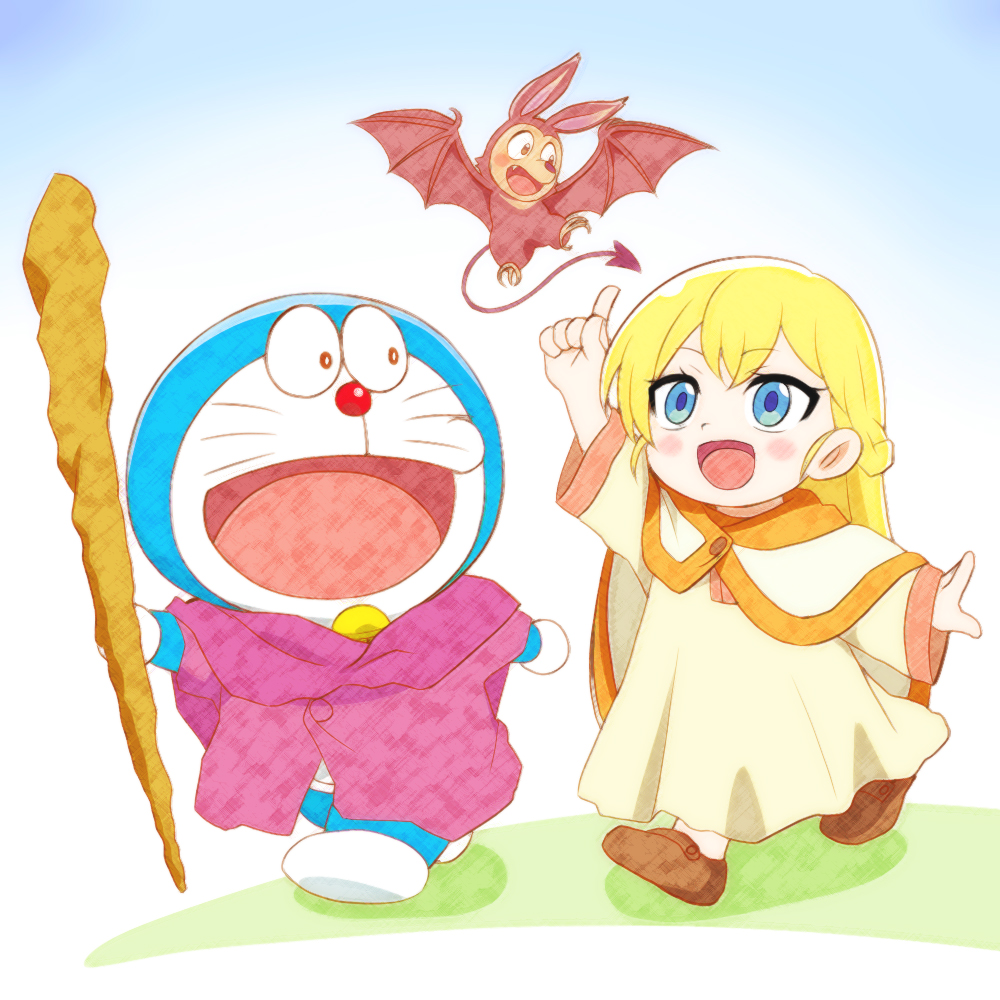1girl :d animal arm_up bat_(animal) blonde_hair blue_eyes blue_sky braid brown_cloak brown_robe brown_shoes character_request cloak commentary_request day doraemon doraemon_(character) holding hood hood_down hooded_cloak long_hair long_sleeves open_mouth outdoors pointing purple_cloak robe shoes sky smile very_long_hair walking watarui wide_sleeves