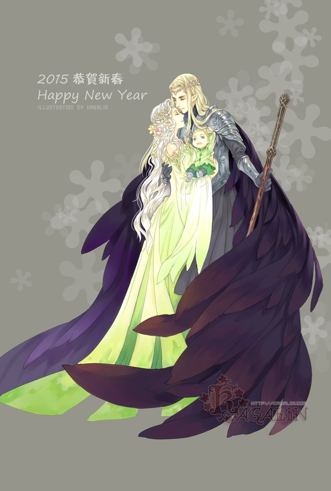 10s 1boy 1girl 2015 armor artist_request blonde_hair child circlet elf family father_and_son flower gauntlets hair_flower hair_ornament happy_new_year husband_and_wife king tolkien&#039;s_legendarium legolas long_hair manly middle_earth mother_and_son new_year pointy_ears prince queen the_hobbit the_lord_of_the_rings thranduil tiara