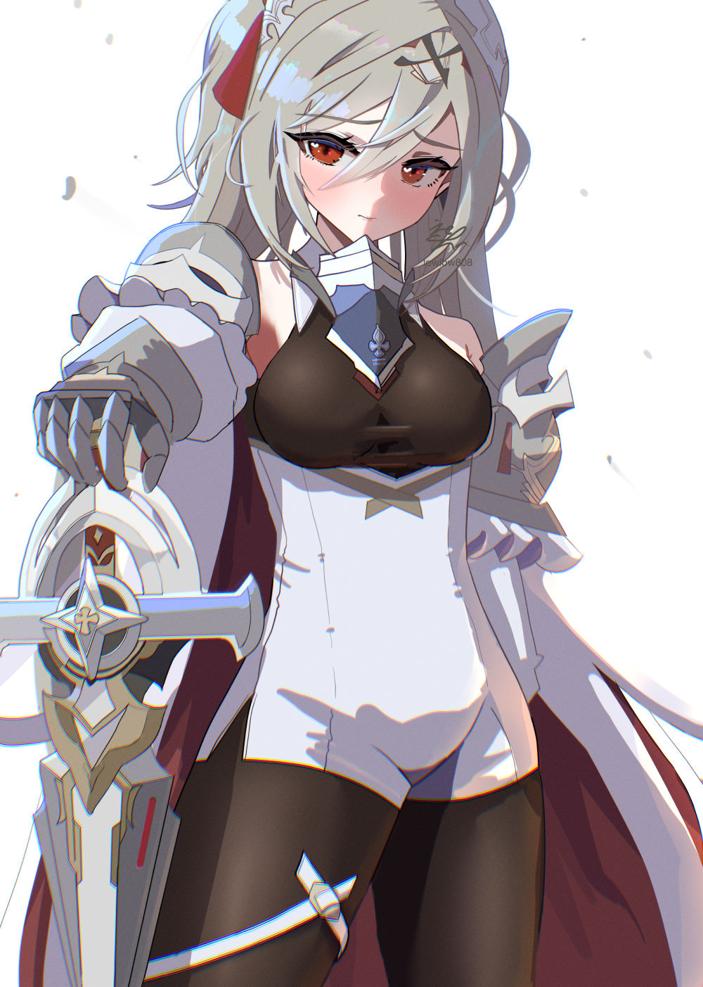 1girl anime_coloring azur_lane bare_shoulders black_gloves blonde_hair blush boots breasts echo_(lowlow808) fingerless_gloves gloves hair_between_eyes hair_ribbon highres holding holding_sword holding_weapon l&#039;audacieux_(azur_lane) long_hair looking_at_viewer medium_breasts pantyhose red_eyes ribbon solo spandex sword twintails very_long_hair vichya_dominion_(emblem) weapon white_background