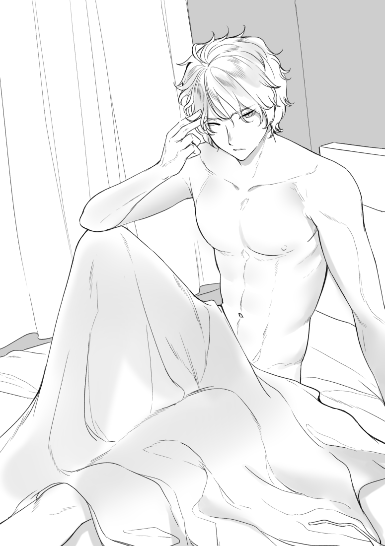 1boy bed bed_sheet carrot_(robosquat) collarbone curtains greyscale male_focus messy_hair monochrome naked_sheet navel nipples nude one_eye_closed original sitting waking_up youta_(carrot_robosquat)