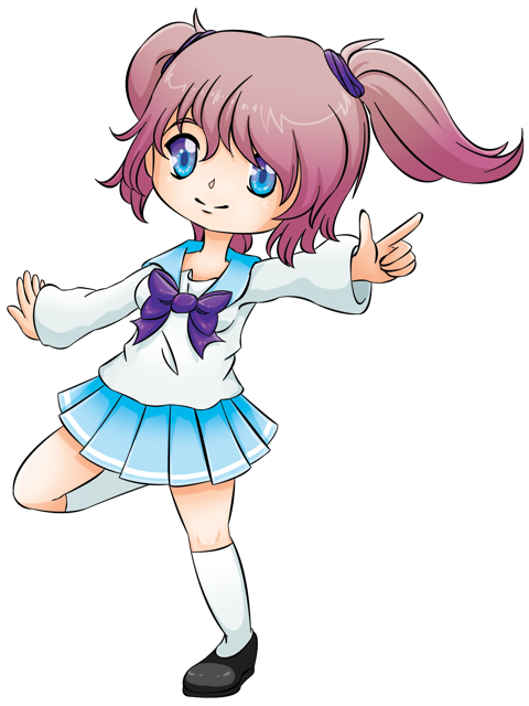 1girl amanda_gadd blue_sailor_collar blue_skirt bow bowtie female_focus hair_bobbles hair_ornament hibiki hibiki_(store) kitagawa_hibiki leg_up long_sleeves original outstretched_arm pleated_skirt purple_bow purple_bowtie sailor_collar school_uniform serafuku shirt simple_background skirt smile socks solo standing standing_on_one_leg twintails white_background white_shirt white_socks