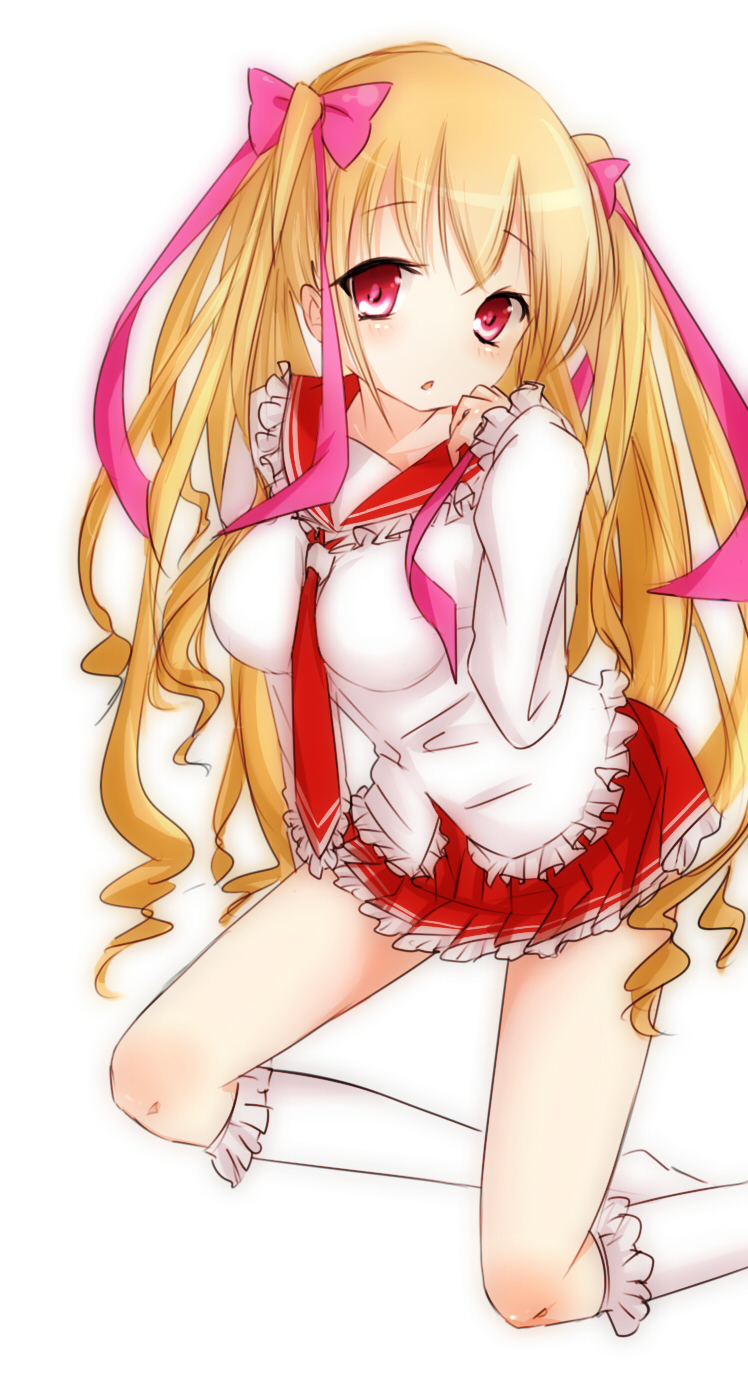 1girl ascot blonde_hair blush breasts frilled_shirt frilled_skirt frilled_sleeves frilled_socks frills hair_ribbon hidan_no_aria highres kneeling large_breasts long_hair looking_at_viewer mine_riko no_nose nobinonki open_mouth pink_ribbon pleated_skirt red_eyes red_sailor_collar red_skirt ribbon sailor_collar shirt sidelocks simple_background skirt socks twintails white_background