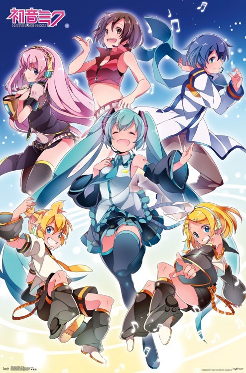 2boys 4girls aqua_hair aqua_necktie armband asymmetrical_sleeves beamed_eighth_notes beamed_sixteenth_notes belt black_arm_warmers black_leg_warmers black_shirt black_shorts black_skirt black_thighhighs blonde_hair blue_eyes blue_hair blue_scarf bow brown_eyes brown_hair brown_pants character_name closed_eyes coat cropped_jacket detached_sleeves glowing_clothes gold_trim grey_shirt hair_bow hair_ornament hairclip hand_on_own_chest hand_on_own_hip hands_on_own_chest hatsune_miku headphones headset index_finger_raised jacket kagamine_len kagamine_rin kaito_(vocaloid) leg_warmers logo long_hair looking_at_viewer megurine_luka meiko_(vocaloid) midriff miniskirt multiple_boys multiple_girls musical_note navel necktie official_art open_mouth outstretched_arm pants pink_hair pleated_skirt quarter_note red_jacket scarf shirt shoes short_hair short_sleeves shorts shoulder_tattoo side_slit sideways_glance single_detached_sleeve skirt sleeveless sleeveless_shirt smile spiked_hair swept_bangs tattoo thighhighs third-party_source twintails u35 very_long_hair vocaloid white_bow white_coat white_shirt white_shoes yellow_necktie yellow_sleeves