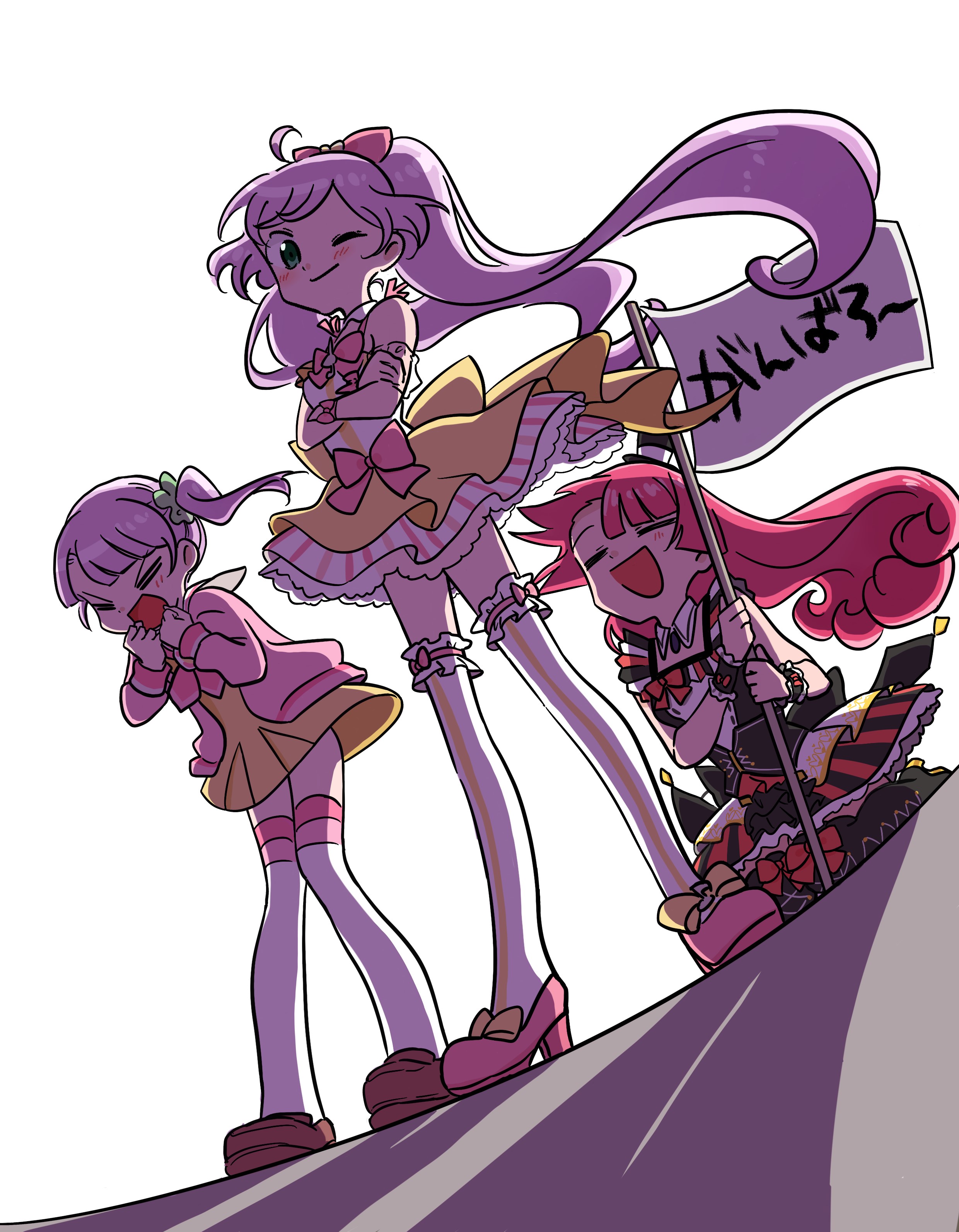 :d a_(toitoitoioekk) absurdres ahoge backlighting bad_id bad_twitter_id black_hat blunt_bangs bow brown_footwear closed_eyes crossed_arms dress flag frilled_thighhighs frills full_body green_eyes green_scrunchie hair_bow hair_ornament hair_scrunchie hands_up hat high_heels highres hojo_sophy holding holding_flag idol_clothes inactive_account jacket legs_apart loafers long_hair long_sleeves looking_at_viewer manaka_laala manaka_non manaka_non_(normal) mini_hat mini_top_hat one_eye_closed open_mouth paprika_private_academy_school_uniform pink_bow pink_jacket pink_shoes pretty_series pripara purple_hair red_hair school_uniform scrunchie shoes short_dress short_hair side_ponytail sitting sleeveless sleeveless_dress smile standing thighhighs top_hat translation_request twintails very_long_hair white_thighhighs yellow_dress