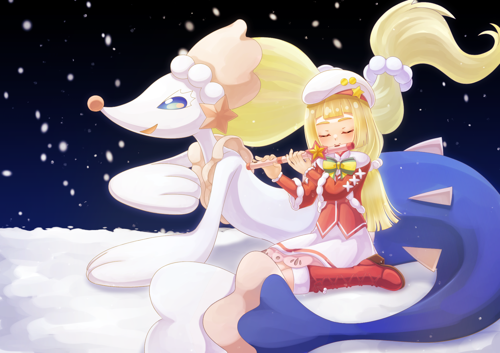 1girl beads beret blonde_hair blunt_bangs boots closed_eyes commentary_request flute gen_7_pokemon hair_beads hair_ornament hands_up hat highres holding holding_flute holding_instrument instrument jacket jyouka lace-up_boots lillie_(holiday_2024)_(pokemon) lillie_(pokemon) long_hair music night nintendo official_alternate_costume outdoors playing_instrument pokemon pokemon_(creature) pokemon_masters_ex primarina red_footwear red_jacket sitting snow snowing white_hat