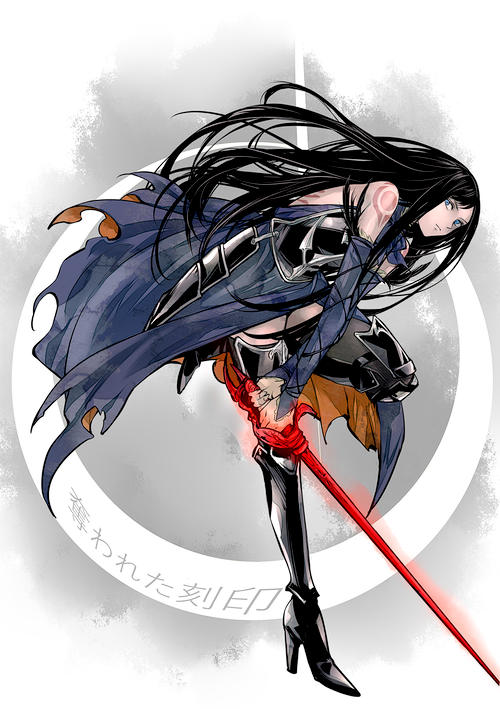 1girl armor bare_shoulders black_hair blue_eyes boots castlevania:_order_of_ecclesia castlevania_(series) closed_mouth commentary dress full_body glowing glowing_sword glowing_weapon grel_(r6hgvu5) holding holding_sword holding_weapon long_hair looking_at_viewer shanoa_(castlevania) solo sword tattoo thigh_boots thighhighs very_long_hair weapon
