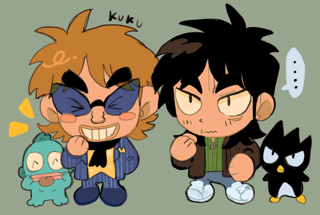 ... 2boys badtz-maru black_coat black_hair blue-tinted_eyewear blue_footwear blue_jacket blue_pants blush_stickers brown_hair chibi chibi_only closed_eyes closed_mouth coat commentary english_commentary expressionless facial_scar full_body green_background green_sweater grin hangyodon hyoudou_kazuya itou_kaiji jacket kaiji long_hair looking_at_viewer male_focus multiple_boys pants puffy_coat sanrio scar scar_on_cheek scar_on_face shoes simple_background smile sneakers spoken_ellipsis sunglasses sweater tinted_eyewear tzk6996 v-shaped_eyebrows white_footwear zipper