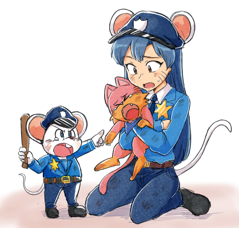 &gt;_&lt; 1boy 1girl animal animal_ears belt black_shoes blue_hair blue_hat blue_pants blue_shirt brown_belt brown_eyes cat company_connection crying facial_mark full_body hat hexagram holding holding_animal holding_baton_(weapon) holding_cat idolmaster idolmaster_(classic) kisaragi_chihaya long_hair long_sleeves mappy mappy_(character) mouse_ears mouse_tail namco open_mouth pants pointing police police_badge police_hat police_uniform shirt shoes sitting standing sweatdrop tail tsubobot whisker_markings white_background