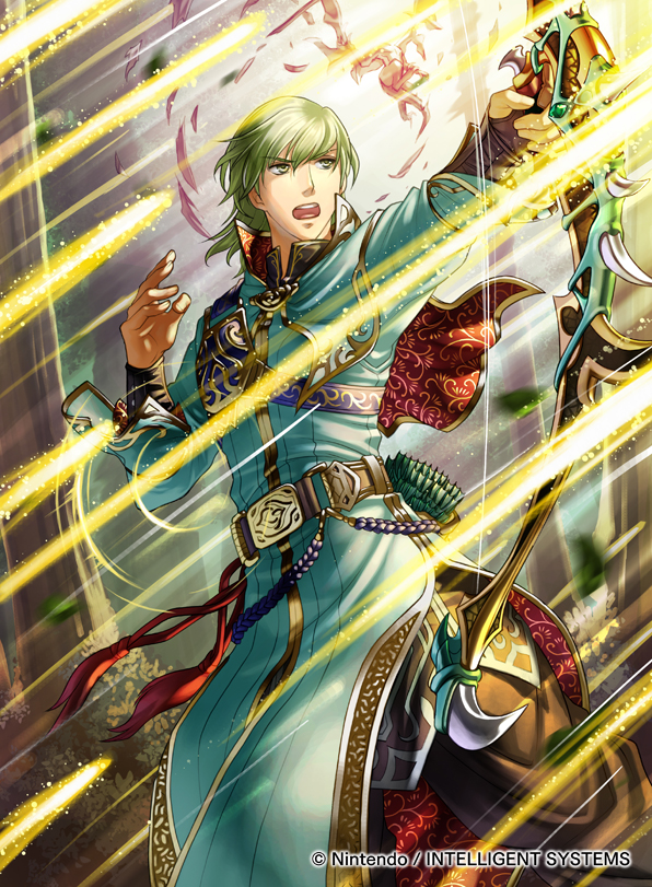 1boy bow_(weapon) commentary_request company_name fire_emblem fire_emblem:_the_sacred_stones fire_emblem_cipher green_eyes green_hair holding holding_bow_(weapon) holding_weapon innes_(fire_emblem) kita_senri male_focus nintendo official_art open_mouth solo weapon