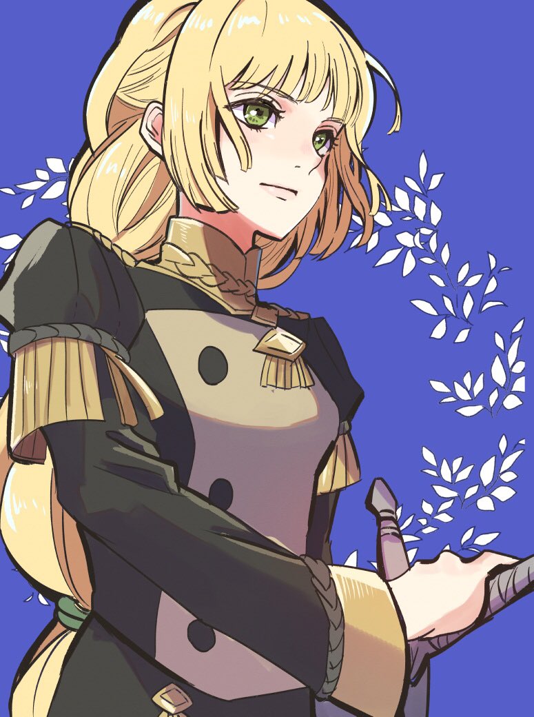 1girl blonde_hair blue_background blunt_bangs closed_eyes eyes_visible_through_hair female_focus fire_emblem fire_emblem:_three_houses green_eyes holding holding_sword holding_weapon hoshigaki_(hsa16g) ingrid_brandl_galatea long_hair long_sleeves nintendo simple_background solo sword upper_body weapon