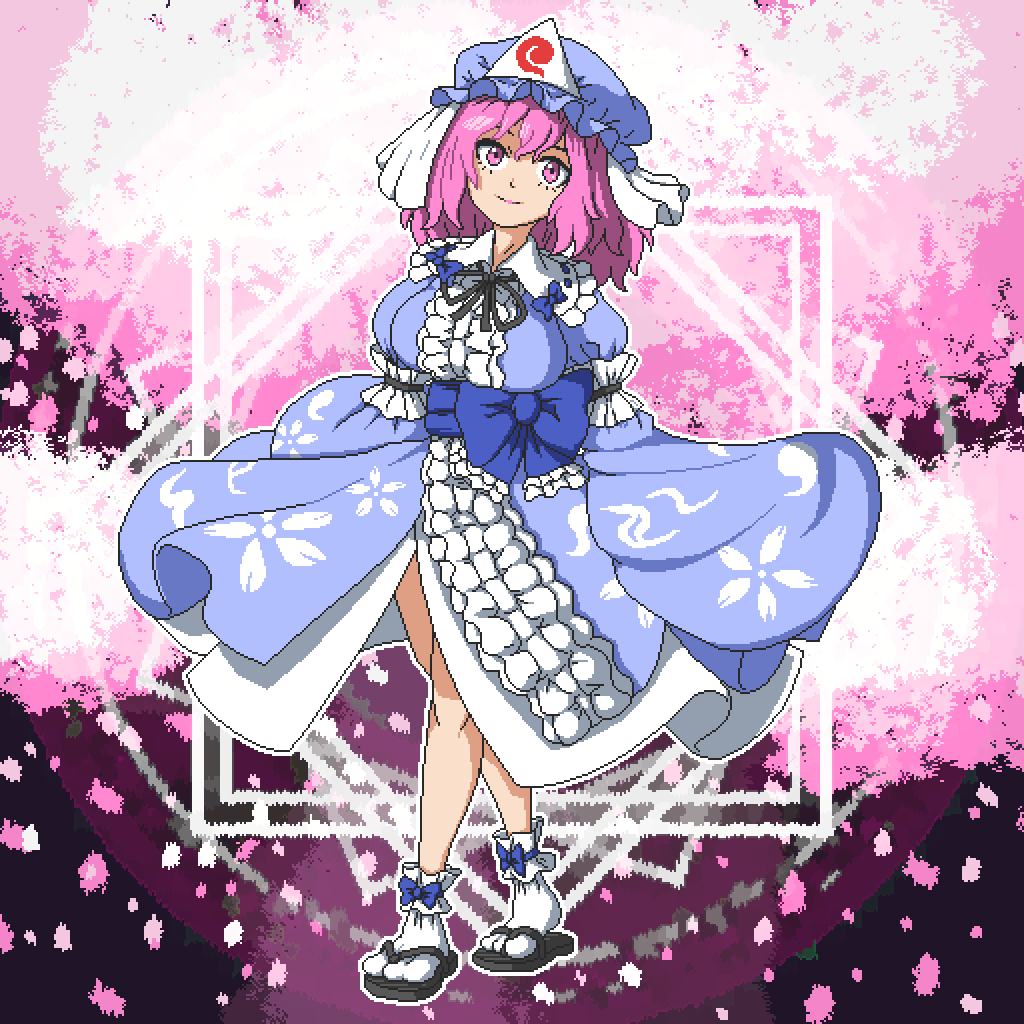 1girl aksawshin black_footwear black_ribbon blue_bow blue_hat blue_kimono bow cherry_blossoms frilled_kimono frilled_sleeves frills geta hat japanese_clothes kimono long_sleeves mob_cap neck_ribbon obi pink_eyes pink_hair pixel_art ribbon saigyouji_yuyuko sandals sash shoes short_hair sleeve_garter smile socks solo touhou triangular_headpiece waist_bow wavy_hair wide_sleeves zouri