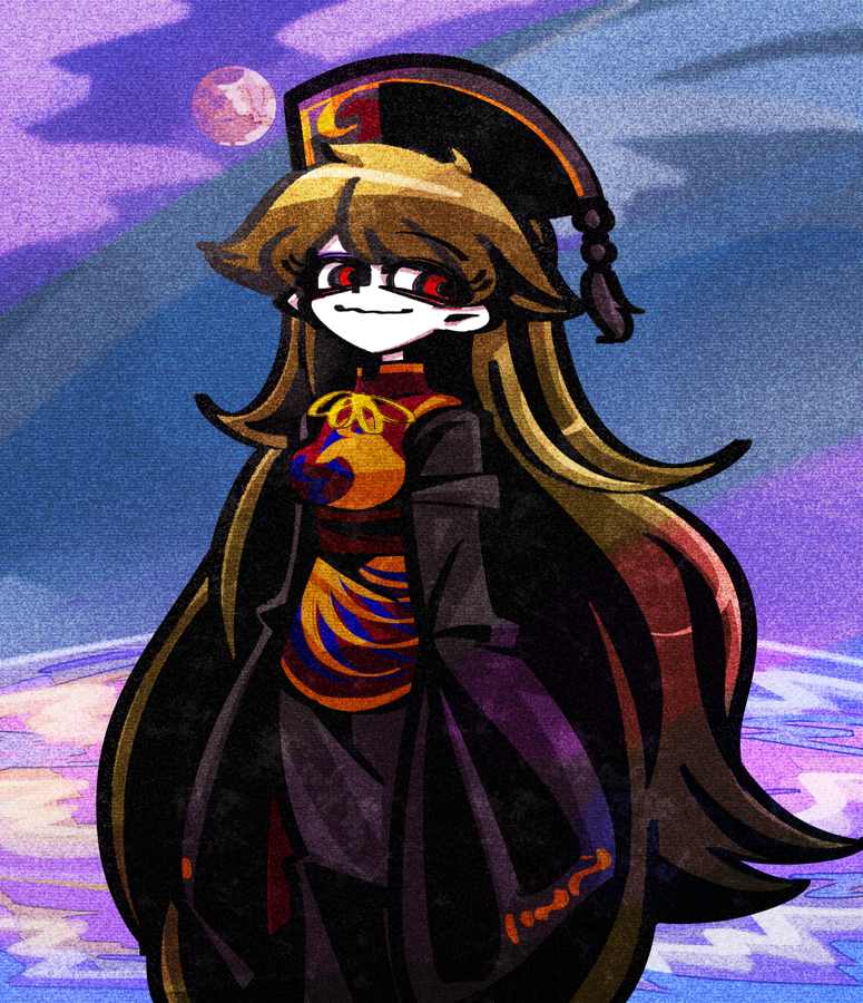1girl black_dress blonde_hair breasts chinese_clothes crescent dalachi_(headdress) dress full_moon hair_between_eyes hat junko_(touhou) lake long_hair long_sleeves looking_to_the_side moon pom_pom_(clothes) red_eyes solo suenari_(peace) tabard touhou very_long_hair wide_sleeves