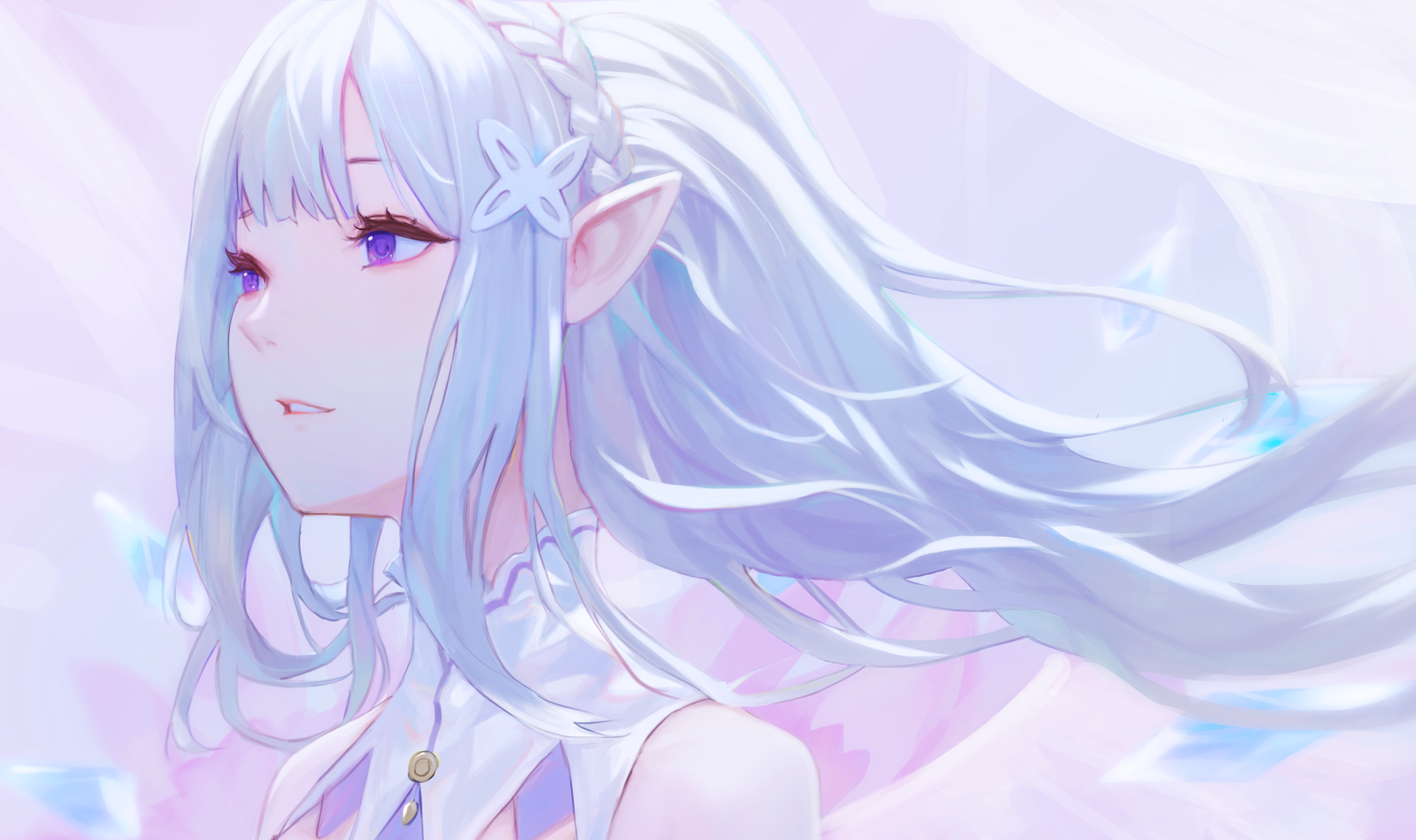 1girl braid commentary_request crown_braid emilia_(re:zero) eru_(eru_illust) highres long_hair parted_lips pointy_ears purple_eyes re:zero_kara_hajimeru_isekai_seikatsu silver_hair solo upper_body