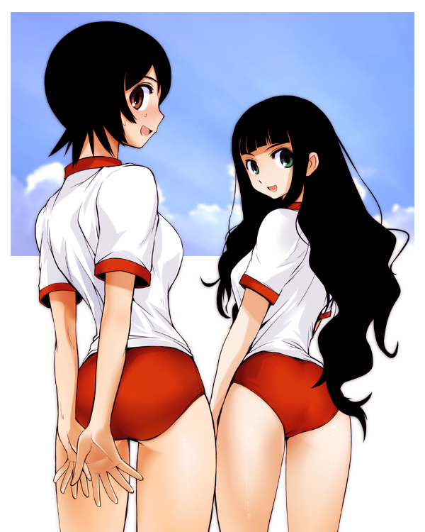 00s 2girls arms_behind_back ass black_hair buruma ez6 from_behind green_eyes gym_uniform hitou_nami itoshiki_rin long_hair looking_back mizu_happi multiple_girls red_eyes resized sayonara_zetsubou_sensei short_hair