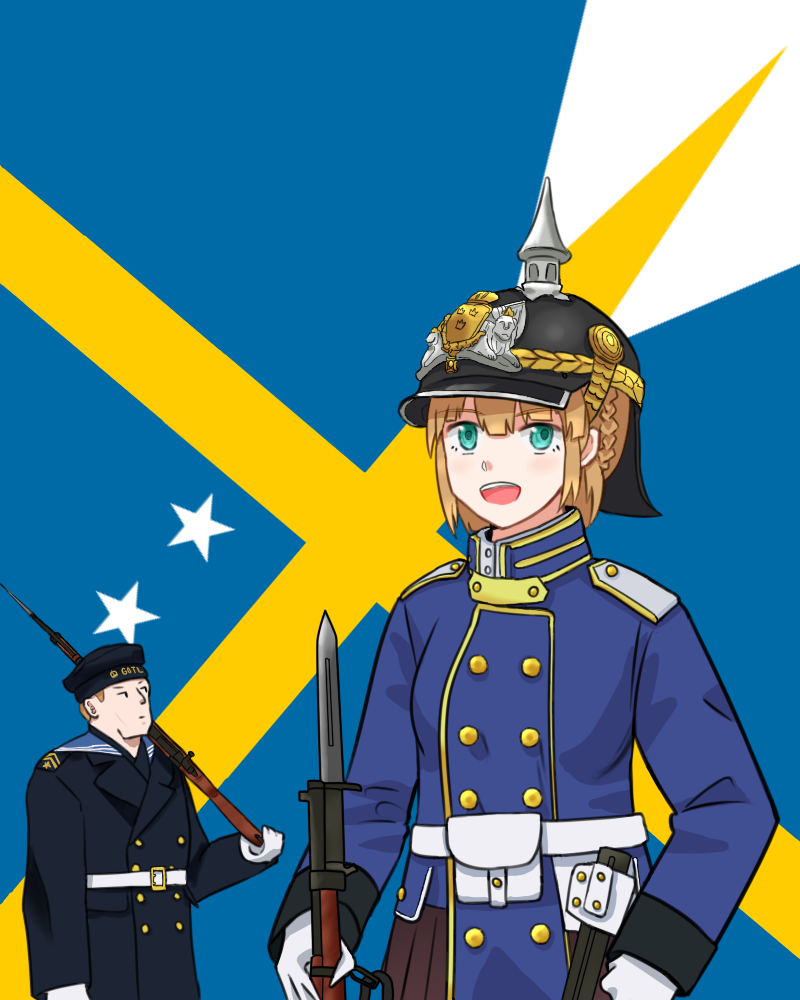1boy 1girl :d aqua_eyes bayonet belt belt_pouch blonde_hair blue_coat blue_jacket buttons coat coat_of_arms collared_jacket combat_helmet commentary_request custodian_helmet flag_background gloves gotland_(warship_girls_r) gun hat helmet holding holding_weapon insignia jacket looking_at_viewer military military_uniform open_mouth over_shoulder pickelhaube pouch rifle sailor_collar sailor_hat shoulder_strap smile star_(symbol) swedish_commentary swedish_flag swedish_uniform tre_kronor warship_girls_r weapon weapon_over_shoulder white_belt white_gloves whiterose_tavern