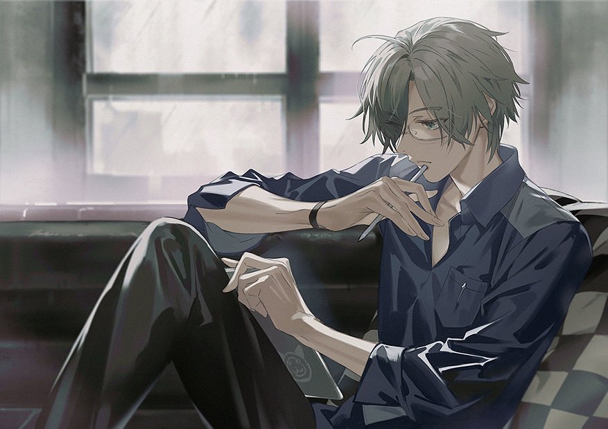 1boy akiyoshi_haru bespectacled black_hair black_pants blue_shirt blurry blurry_background bracelet commentary couch feet_out_of_frame glasses gradient_hair grey_eyes grey_hair hair_over_one_eye indoors jewelry knee_up long_sleeves looking_down ludger_will_kresnik male_focus multicolored_hair pants pillow shirt solo stylus tablet_pc tales_of_(series) tales_of_xillia tales_of_xillia_2 window