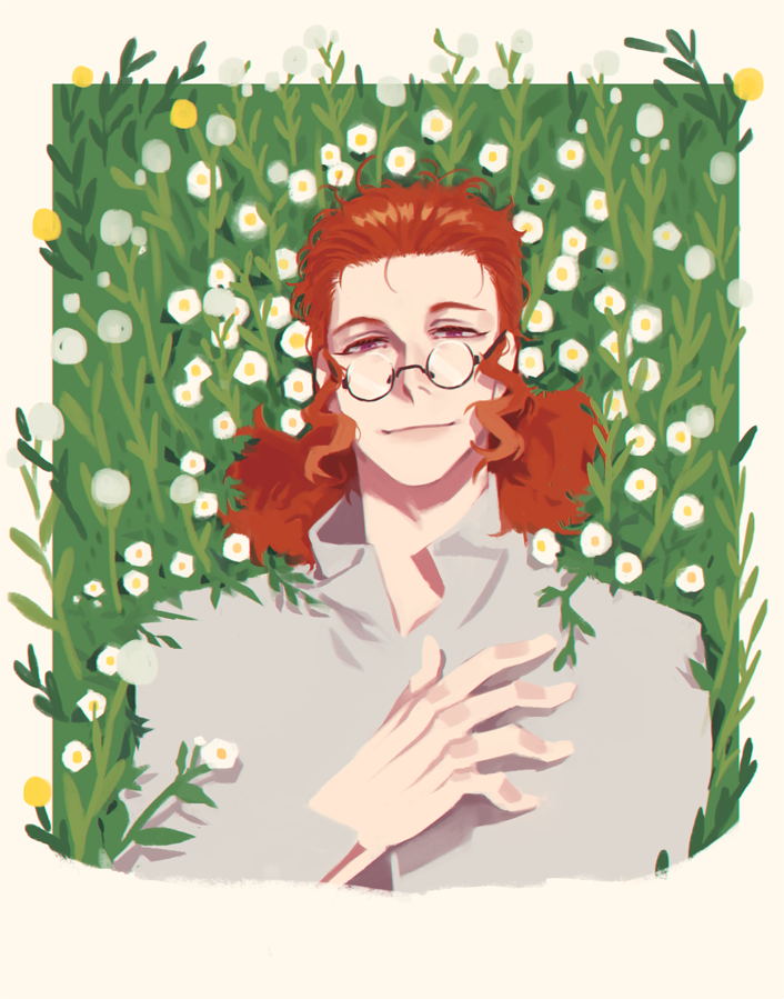 1boy border classicaloid closed_mouth collared_shirt dandelion flower franz_schubert_(classicaloid) glasses grey_shirt hand_on_own_chest long_sleeves lying male_focus messy_hair on_back on_grass pink_eyes sf_jd shirt solo upper_body white_border white_flower