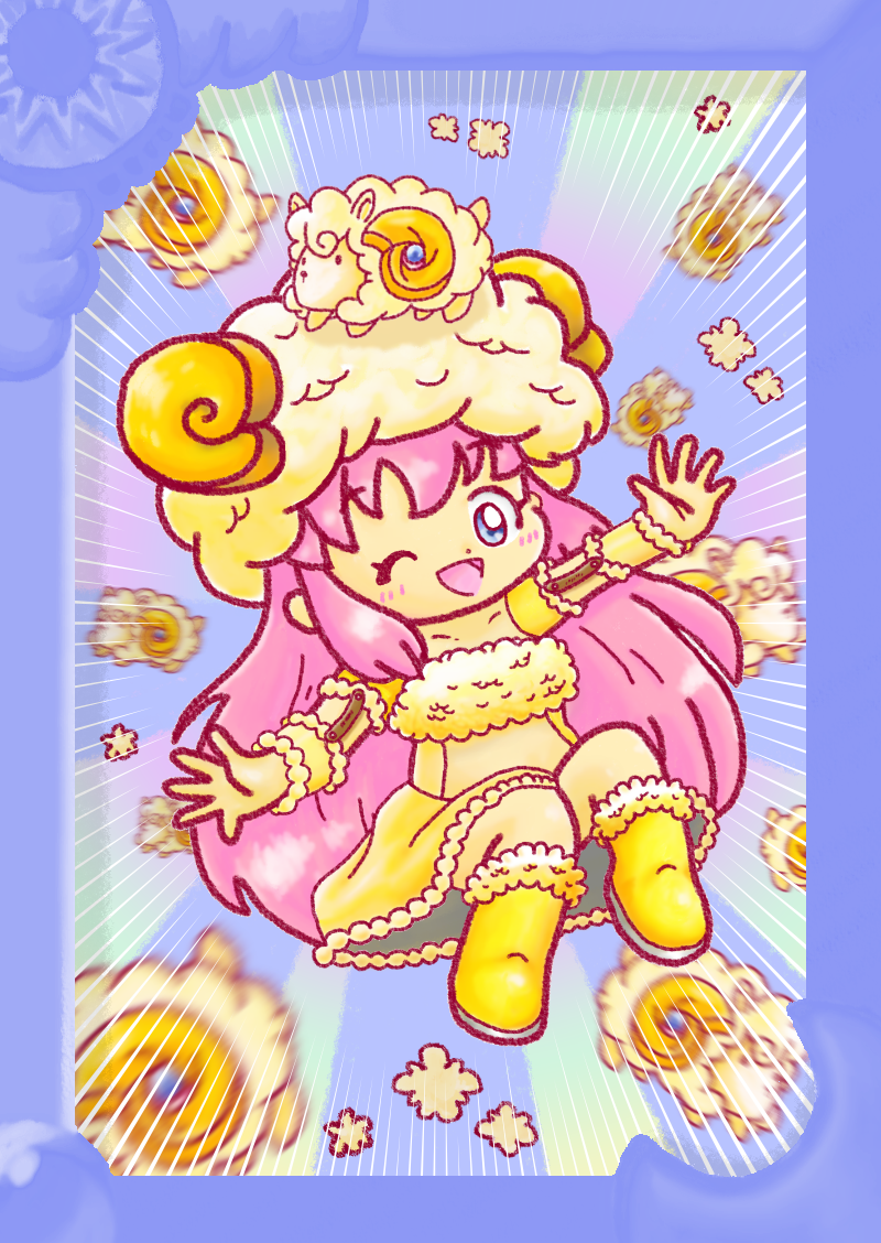 10s 1girl 2015 animal animal_hat animal_on_head blue_background blue_eyes blush boots breasts child chinese_zodiac collarbone detached_sleeves dress fake_horns floating fur-trimmed_boots fur-trimmed_dress fur_trim happy_new_year hat horned_hat horned_headwear horns long_hair long_sleeves looking_at_viewer misukomu_plus navel new_year nipples on_head open_mouth original pink_hair sheep sheep_hat smile sunburst sunburst_background white_hat year_of_the_goat yellow_boots yellow_dress zodiac_girl_(misukomu_plus)