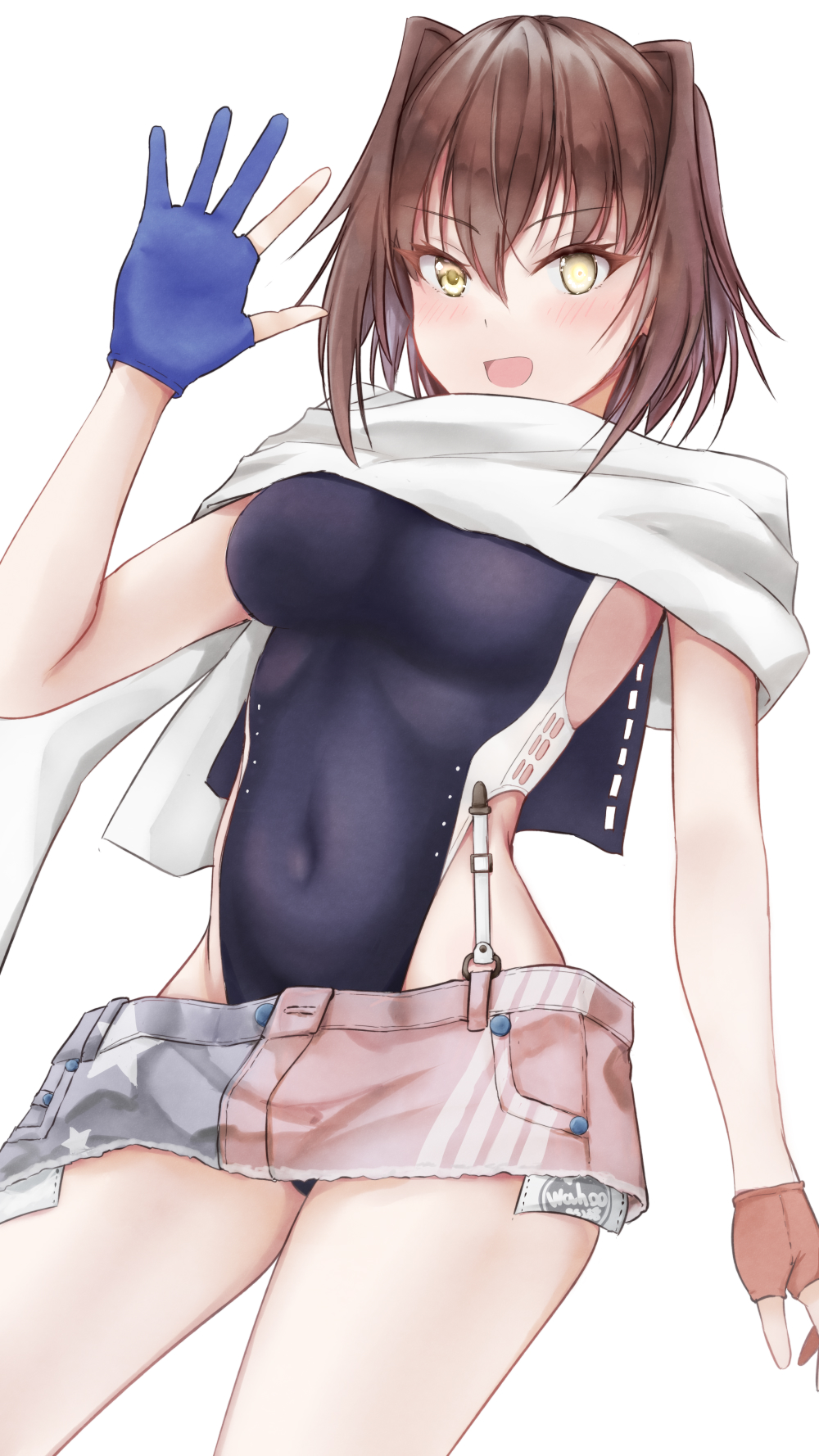 1girl american_flag american_flag_print american_flag_skirt asymmetrical_gloves black_one-piece_swimsuit blue_gloves breasts brown_hair cosplay covered_navel denim denim_skirt elbow_gloves flag_print furutaka_(kancolle) gloves glowing glowing_eye highleg highleg_one-piece_swimsuit highres kantai_collection koru_pera large_breasts looking_at_viewer mismatched_gloves one-piece_swimsuit partially_fingerless_gloves print_skirt red_gloves scarf short_hair simple_background single_elbow_glove skirt solo super_highleg swimsuit two-tone_one-piece_swimsuit wahoo_(kancolle) wahoo_(kancolle)_(cosplay) white_background white_one-piece_swimsuit white_scarf yellow_eyes