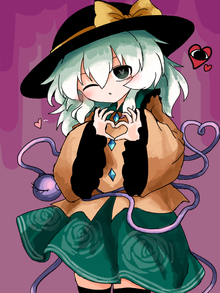 1girl ;o black_hat black_thighhighs bow buttons commentary_request contrast_collar diamond_button floral_print frilled_shirt_collar frilled_sleeves frills green_eyes green_hair green_skirt hair_between_eyes hat hat_bow hat_ribbon heart heart-shaped_pupils heart_hands heripantomorrow komeiji_koishi long_sleeves looking_at_viewer medium_hair one_eye_closed parted_lips pink_background print_skirt ribbon rose_print shirt skirt solo spoken_heart standing symbol-shaped_pupils thighhighs third_eye touhou wide_sleeves yellow_bow yellow_ribbon yellow_shirt