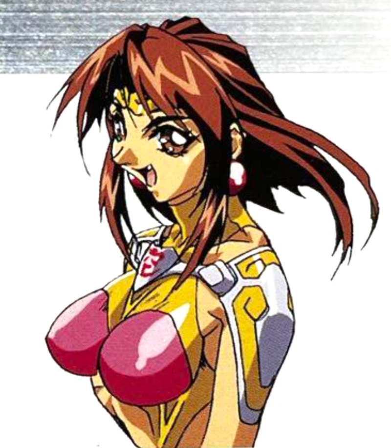 1990s_(style) 1996 armor brown_eyes brown_hair choujin_gakuen_gowcaizer cosplay fang fang_out lowres oobari_masami retro_artstyle shoulder_armor son_karin spandex sun_hualing sun_wukong_(cosplay) tiara