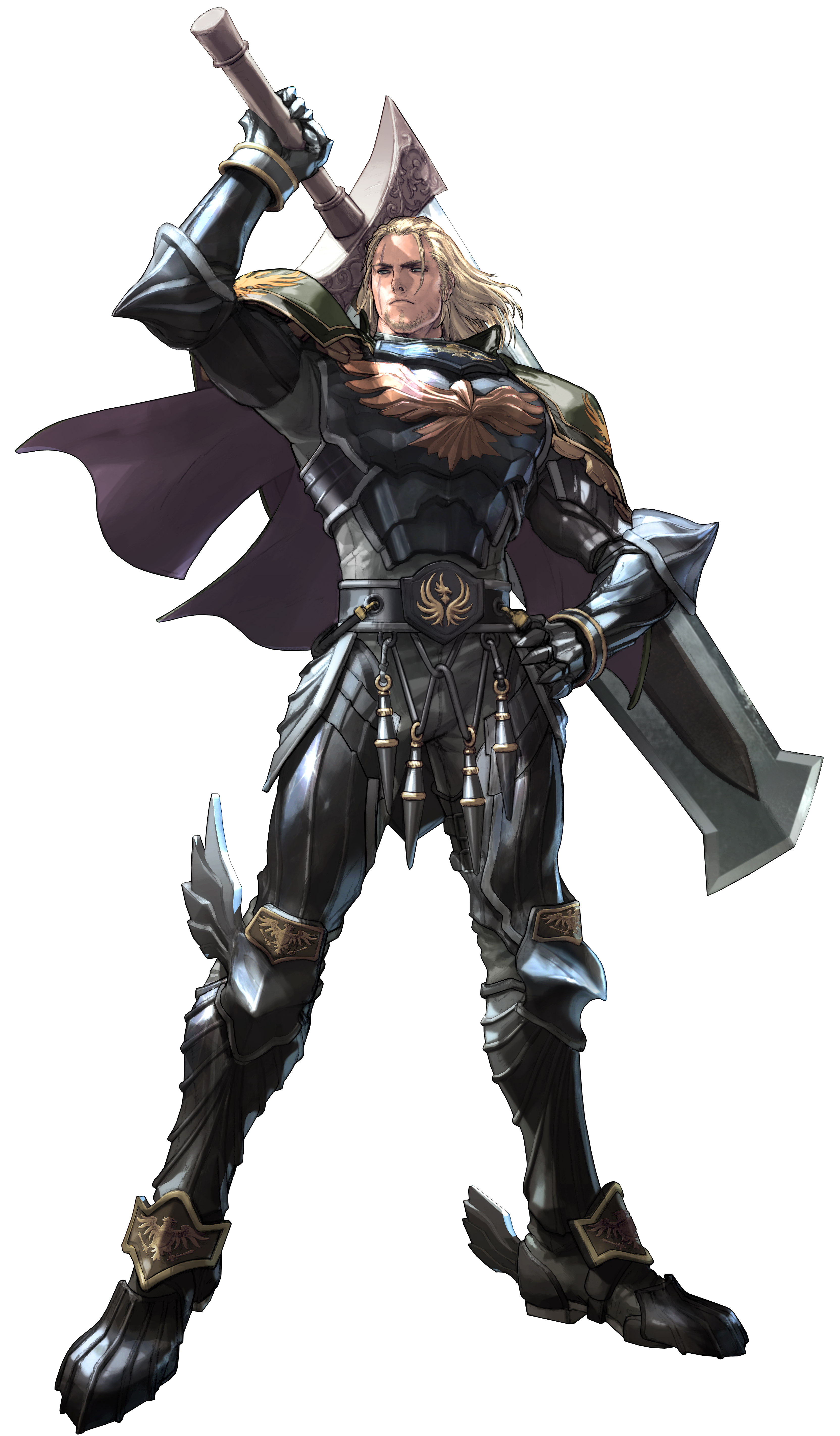 1boy absurdres armor blonde_hair breastplate cape facial_hair full_armor gauntlets greaves highres huge_weapon kawano_takuji knight long_hair male_focus namco official_art pauldrons scar shoulder_armor siegfried_schtauffen solo soul_calibur soulcalibur soulcalibur_v stubble sword weapon