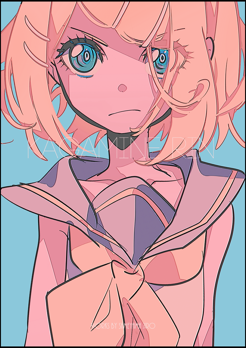 1girl blonde_hair blue_background blue_eyes character_name closed_mouth collarbone commentary_request eyelashes kagamine_rin looking_at_viewer neckerchief sailor_collar sameyama_jiro school_uniform shirt simple_background sleeveless sleeveless_shirt solo vocaloid