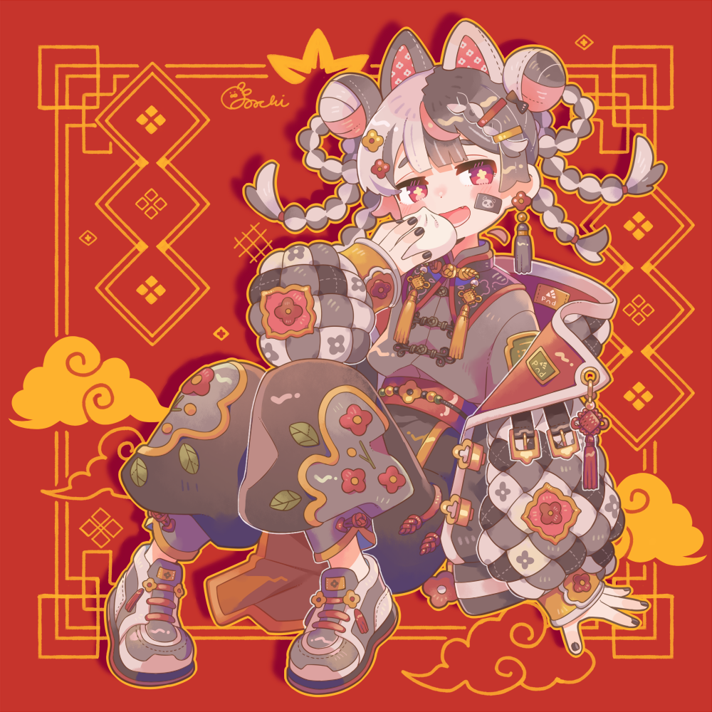 1girl animal_ears baggy_pants bandaid bandaid_on_face belt black_hair blush cat_ears chinese_clothes eating fang flower full_body hair_bun hair_ornament hairpin jewelry laughing long_sleeves looking_at_viewer necklace open_mouth original pants red_background red_eyes red_nails shoes simple_background sitting smile solo sorata123 white_hair yellow_background