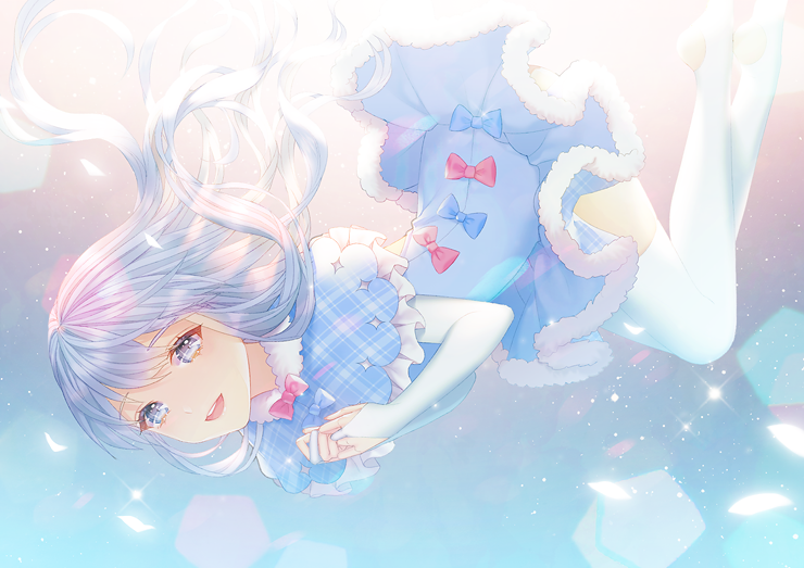 1girl argyle blue_bow blue_dress blue_eyes blue_hair blurry bokeh bow bridal_gauntlets capelet depth_of_field dress falling female_focus frills fur_trim gloves gradient_background matching_hair/eyes no_shoes original own_hands_together plaid red_bow saban solo sparkle thighhighs white_gloves white_thighhighs