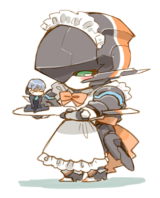 1boy angry apron blush chamber_(suisei_no_gargantia) chibi closed_eyes green_eyes holding holding_tray ledo_(suisei_no_gargantia) lowres maid_apron maid_headdress mecha miyako_nagi pilot_suit robot sitting suisei_no_gargantia tray v-shaped_eyebrows white_background white_hair