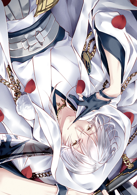 10s 1boy 218 biting black_gloves chain biting_glove gloves hood japanese_clothes male_focus partially_fingerless_gloves petals smile solo touken_ranbu tsurumaru_kuninaga upside-down white_hair yellow_eyes