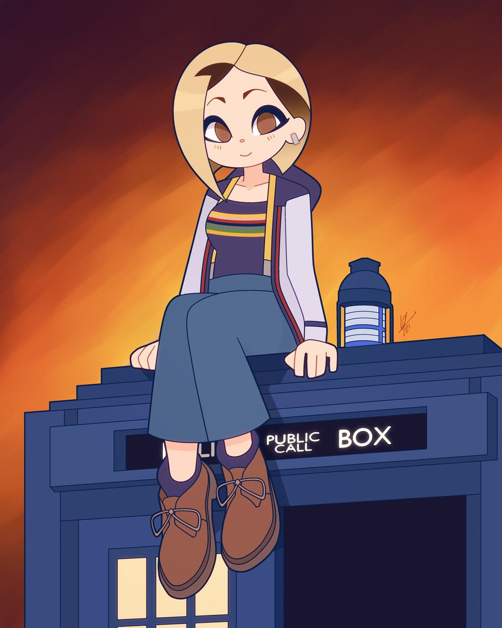 1girl blue_pants brown_eyes brown_shoes doctor_who earrings full_body highres hood hoodie jewelry long_sleeves looking_at_viewer louis_lloyd-judson medium_hair pants phone_booth shadow shirt shoes signature sitting smile solo striped_clothes striped_shirt tardis the_doctor the_doctor_(doctor_who) thirteenth_doctor thirteenth_doctor_(doctor_who)