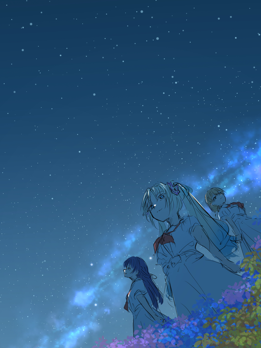 3girls blonde_hair blue_dress blue_eyes blue_hair dress flower gradient_hair green_eyes hair_flower hair_ornament hasu_no_sora_school_uniform hinoshita_kaho iwatou link!_like!_love_live! long_hair looking_up love_live! medium_hair multicolored_hair multiple_girls murano_sayaka neckerchief night orange_hair osawa_rurino outdoors red_neckerchief school_uniform sky star_(sky) starry_sky summer_uniform twintails