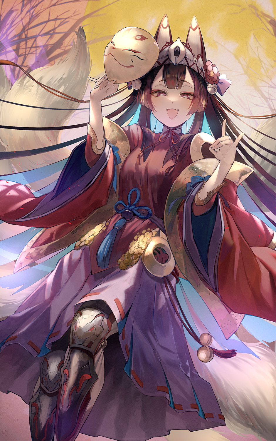 1girl :d animal_ears armor bell black_hair blue_ribbon bow breasts colored_inner_hair fang flower fox_ears fox_girl fox_mask fox_tail ginsetsu_great_fox greaves hair_bell hair_bow hair_ornament highres holding holding_mask looking_at_viewer mask medium_breasts multicolored_hair multiple_tails open_mouth outdoors pink_flower ribbon shadowverse skin_fang skirt smile solo standing tail wide_sleeves yuki_(popopo)