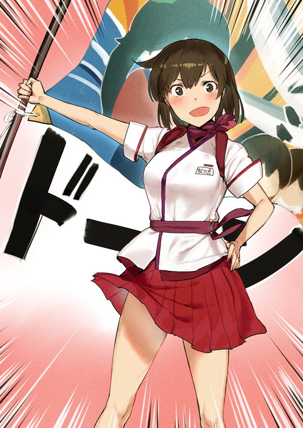 1girl ascot brown_eyes brown_hair commentary_request emphasis_lines employee_uniform feet_out_of_frame female_focus flight_attendant gradient_background hand_on_own_hip hiryuu_(kancolle) hiryuu_(peach)_(kancolle) kantai_collection looking_at_viewer open_mouth peach_(airline) pleated_skirt poco_(backboa) purple_ascot red_background red_skirt sash short_hair skirt solo standing travel_attendant