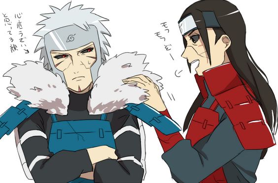 armor black_shirt blue_armor cracked_clothes cracked_skin crossed_arms brown_hair edo_tensei facial_mark family fluffy_collar forehead_protector frown grey_hair japanese_text long_hair long_sleeves looking_at_another narrowed_eyes naruto_(series) naruto_shippuuden red_armor scar scar_on_face senju_hashirama senju_tobirama shirt siblings spiked_hair translated