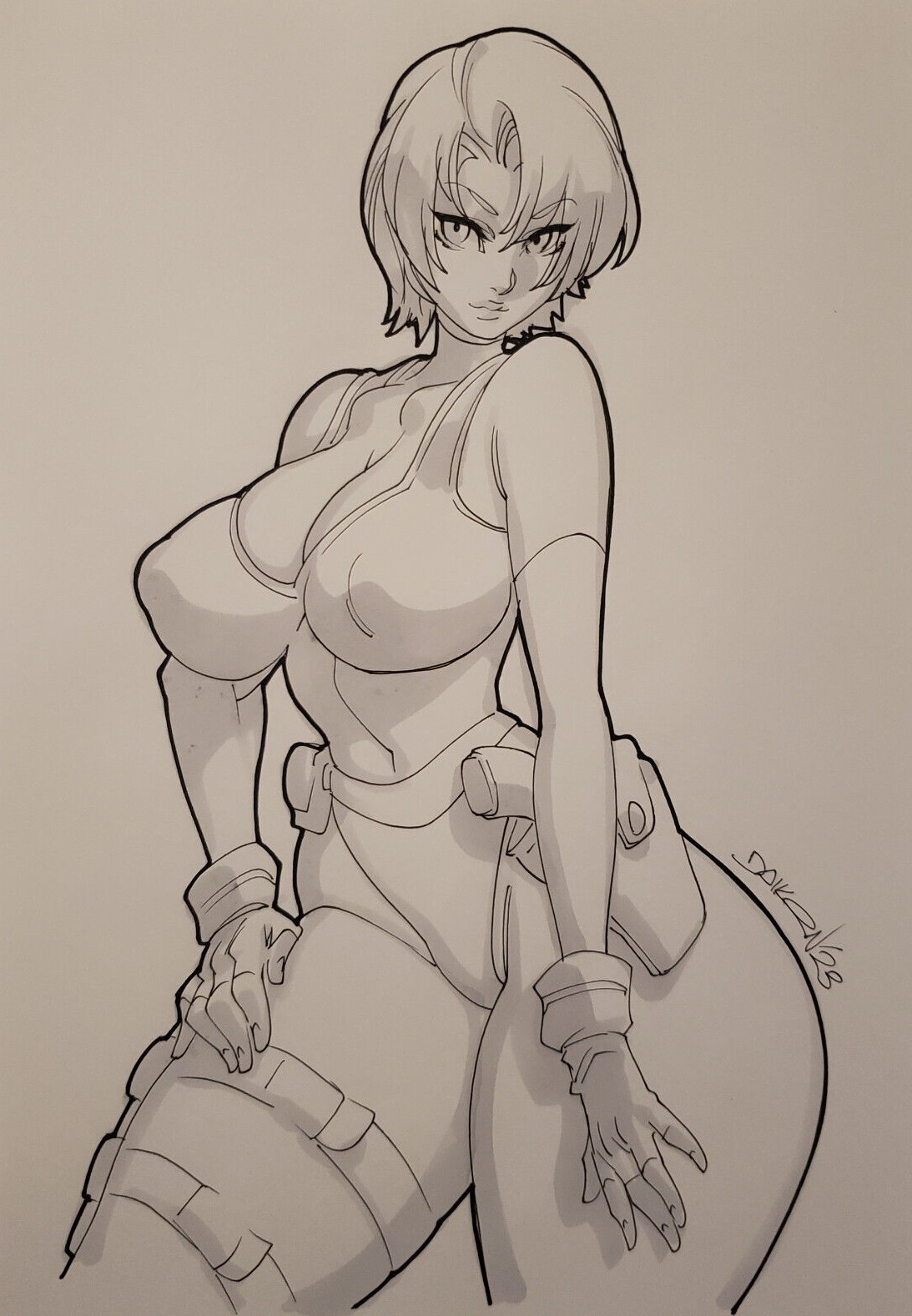 1girl ass bodysuit breasts capcom cleavage contrapposto covered_erect_nipples daikon_(artist) dino_crisis female_focus fingerless_gloves gloves gun hand_on_own_thigh handgun highleg highleg_leotard highres holster huge_ass knife_sheath large_breasts leotard monochrome open_clothes parted_bangs pistol regina_(dino_crisis) sheath short_hair solo standing thick_thighs thigh_strap thighs weapon wide_hips