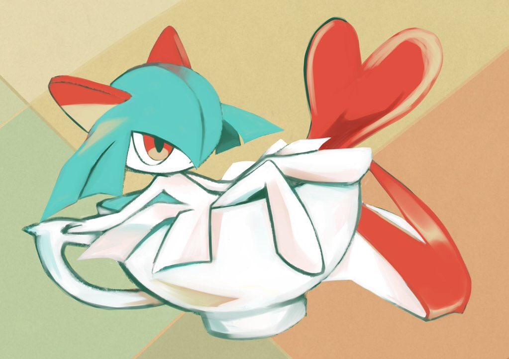 brown_background colored_skin cup gen_3_pokemon green_hair hair_over_one_eye heart horns in_container in_cup kirlia nintendo pink_eyes pokemon pokemon_(creature) pua9280 sidelocks simple_background sitting teacup white_skin