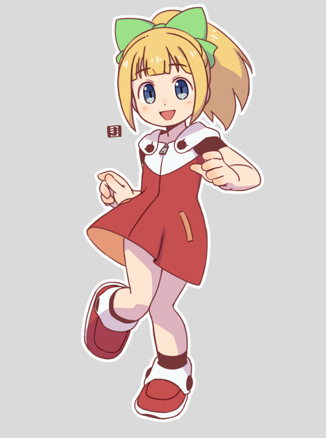 1girl :d black_socks blonde_hair blue_eyes blush bow commentary_request dress full_body green_bow grey_background hair_bow looking_at_viewer mawaru_(mawaru) mega_man_(classic) mega_man_(series) open_mouth outline ponytail red_dress red_shoes roll_(mega_man) shoes short_sleeves simple_background smile socks solo standing standing_on_one_leg white_outline