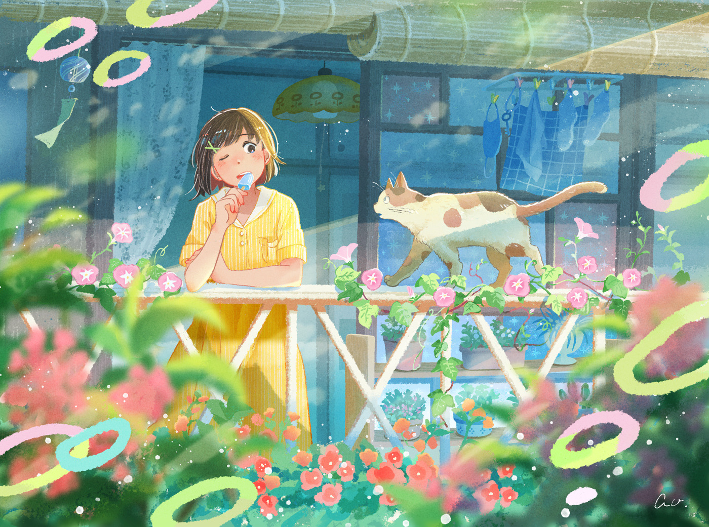 1girl animal ao_(aohari) blurry blurry_foreground blush brown_hair cat day dress flower food hair_ornament laundry light_particles light_rays long_dress looking_at_animal morning_glory one_eye_closed original pink_flower plant popsicle porch potted_plant railing red_flower short_sleeves signature solo unworn_socks vines wind_chime x_hair_ornament yellow_dress