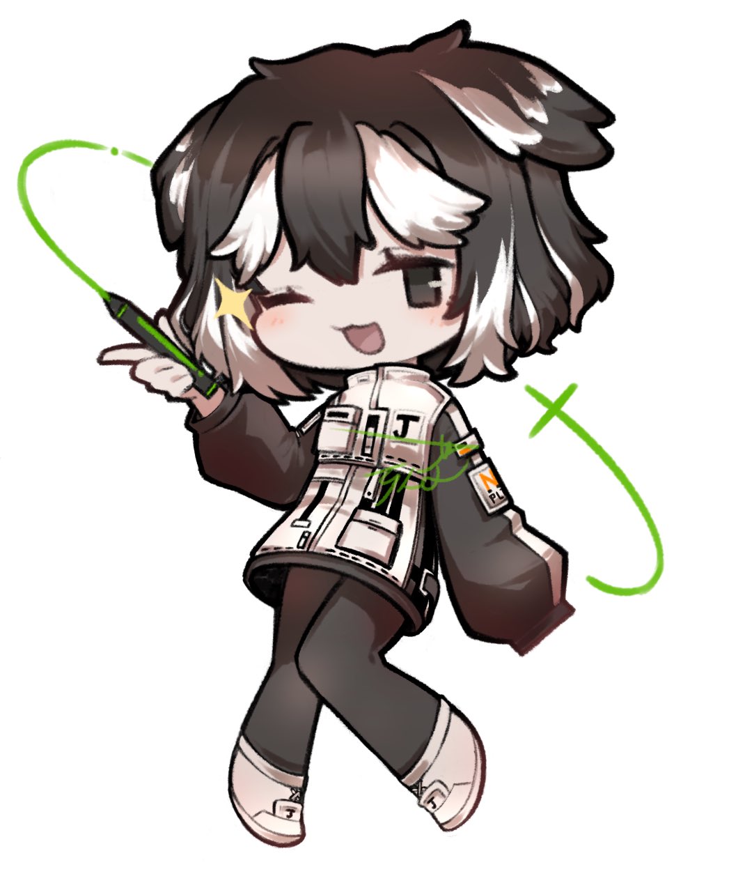 1girl :3 animal_ears black_hair black_pants black_sleeves crayon dog_ears full_body highres holding holding_crayon jacket jang_schna limbus_company medium_hair multicolored_hair one_eye_closed open_mouth pants project_moon shoes simple_background smile solo streaked_hair virtual_youtuber white_background white_hair white_jacket white_shoes zeremi0102